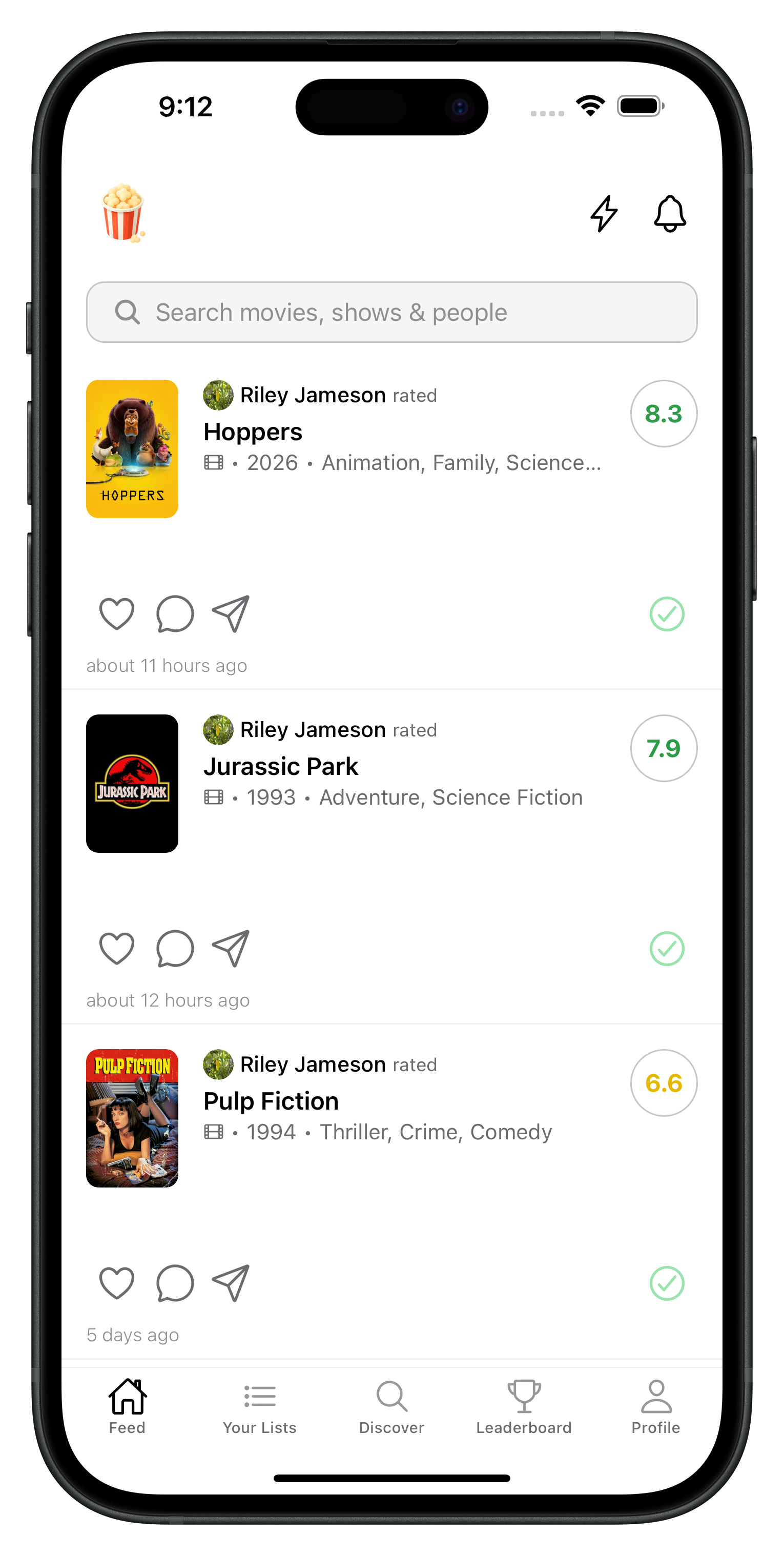 Popcorn feed showing ratings from friends